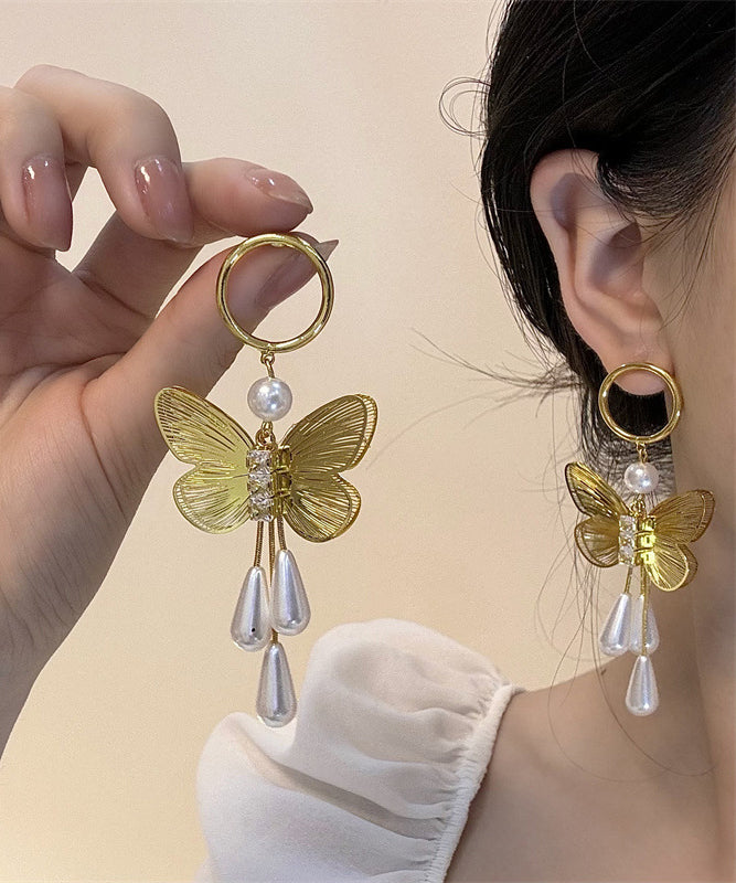 Casual Gold Copper Zircon Pearl Butterfly Hollow Out Water Drop Drop Earrings