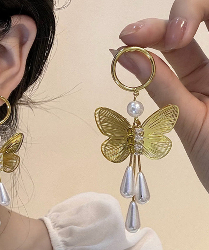 Casual Gold Copper Zircon Pearl Butterfly Hollow Out Water Drop Drop Earrings