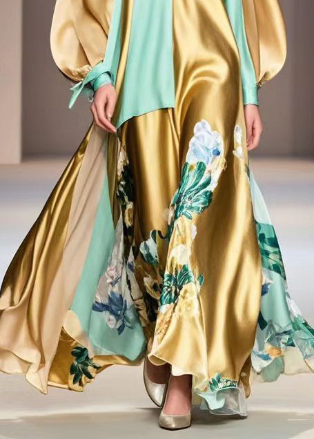 Casual Golden Asymmetrical Patchwork Print Silk Vacation Dress Fall