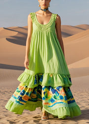 Casual Grass Green Print Cotton Long Dresses Summer