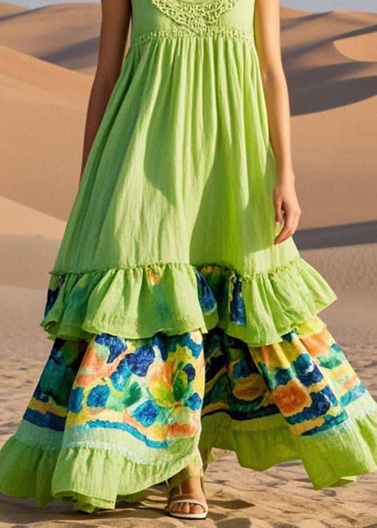 Casual Grass Green Print Cotton Long Dresses Summer