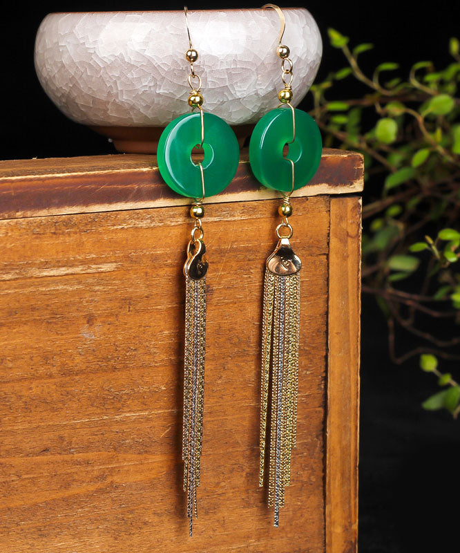 Casual Green 14K Gold Ping Buckle Chalcedony Tassel Drop Earrings