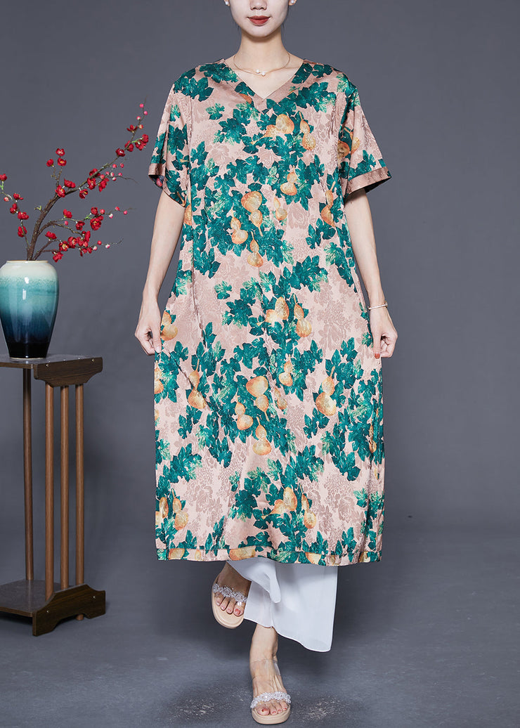 Casual Green And Black Print Wear On Both Sides Silk Long Dresses Summer