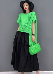 Casual Green Asymmetrical Ruffled Patchwork Low High Design Two Piece Set Women Clothing Summer