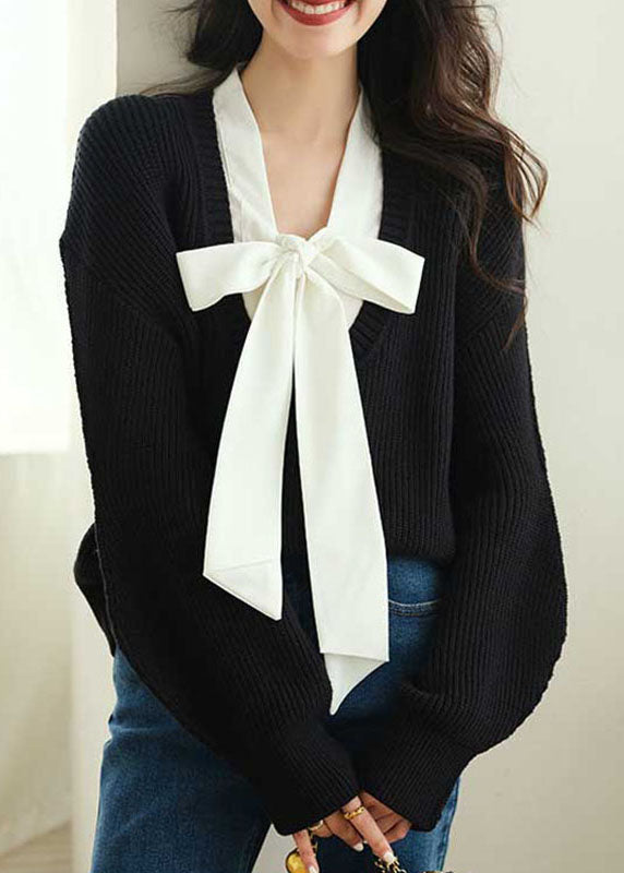 Casual Green Bow Cozy Fake Two Pieces Knit Sweaters Spring