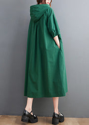 Casual Green Button Neck Tie Cotton Hooded Long Dress Summer