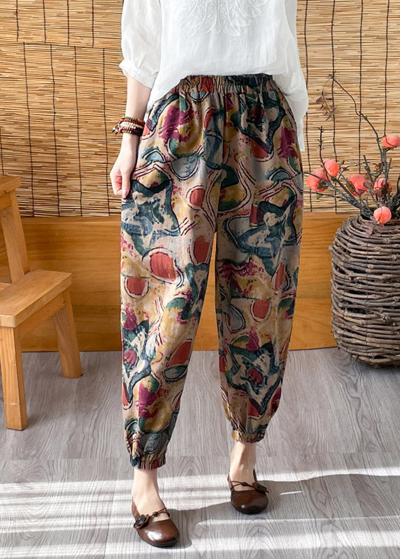 Casual Green Elastic Waist Crop Print Pants