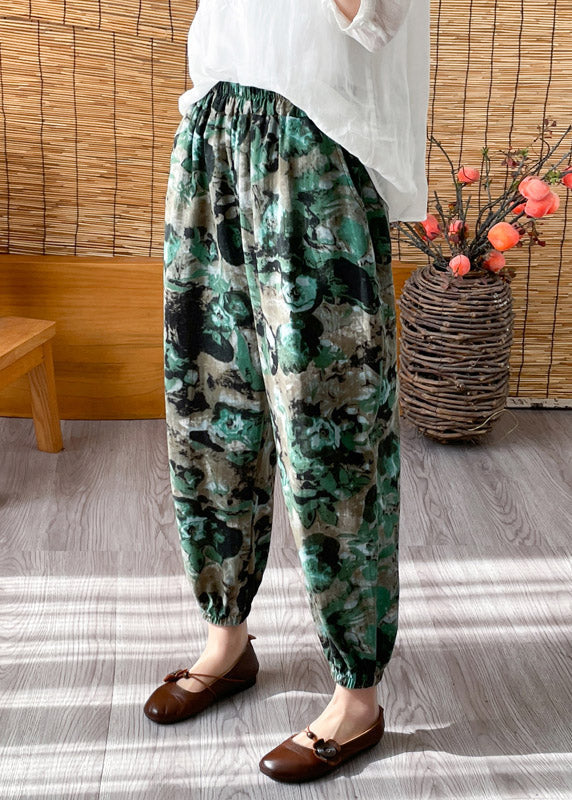 Casual Green Elastic Waist Crop Print Pants