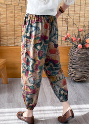 Casual Green Elastic Waist Crop Print Pants