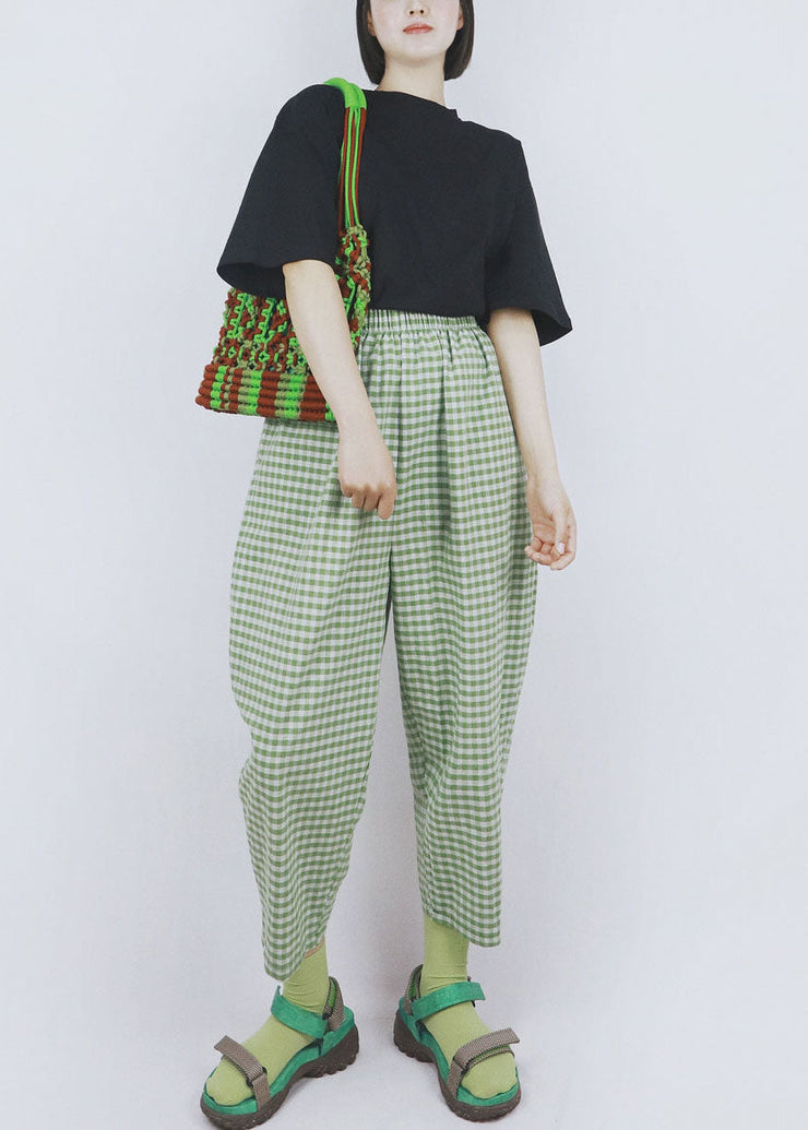 Casual Green Elastic Waist Pockets Plaid Cotton Crop Pants Summer