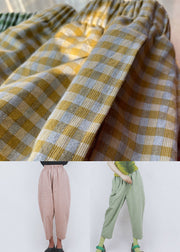 Casual Green Elastic Waist Pockets Plaid Cotton Crop Pants Summer