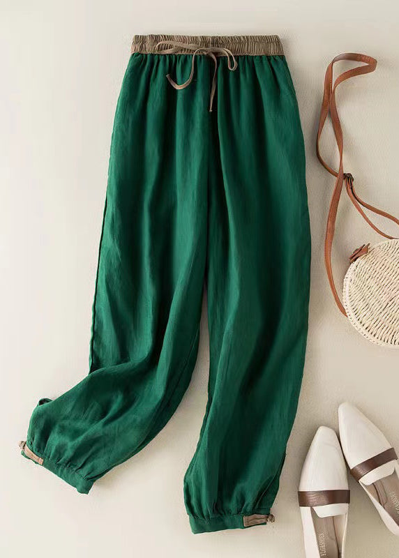 Casual Green Elastic Waist Thin Linen Crop Pants Summer