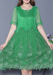 Casual Green Embroidered Ruffled Silk Vacation Dresses Summer