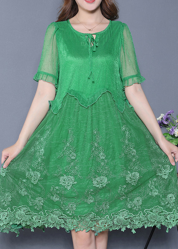 Casual Green Embroidered Ruffled Silk Vacation Dresses Summer