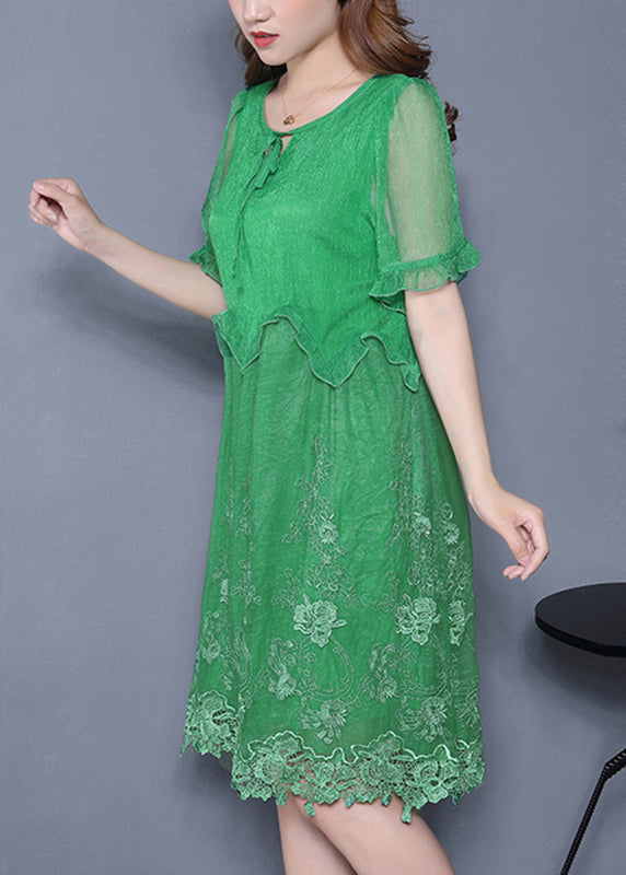 Casual Green Embroidered Ruffled Silk Vacation Dresses Summer