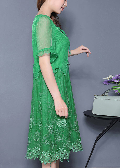 Casual Green Embroidered Ruffled Silk Vacation Dresses Summer