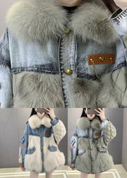 Casual Green Fox collar Denim Patchwork Button Down Coats Winter