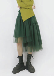 Casual Green High Waist Asymmetrical Patchwork Tulle Pleated Skirt Summer