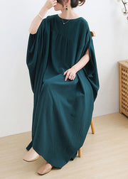 Casual Green O-Neck Asymmetrical Cotton Long Dress Short Sleeve