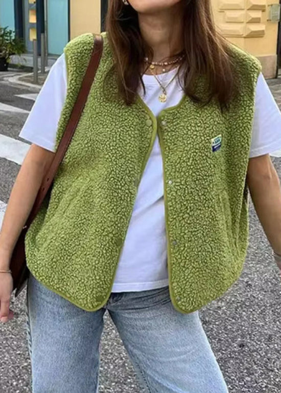 Casual Green O Neck Faux Fur Vest Sleeveless