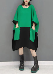 Casual Green O Neck Pockets Patchwork Cotton Mid Dresses Fall