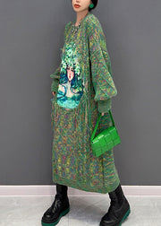 Casual Green O-Neck Print Knit Holiday Maxi Sweaters Dress Winter