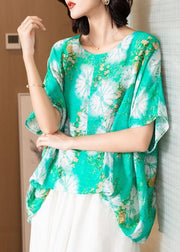 Casual Green O Neck Print Patchwork Silk Blouse Top Batwing Sleeve