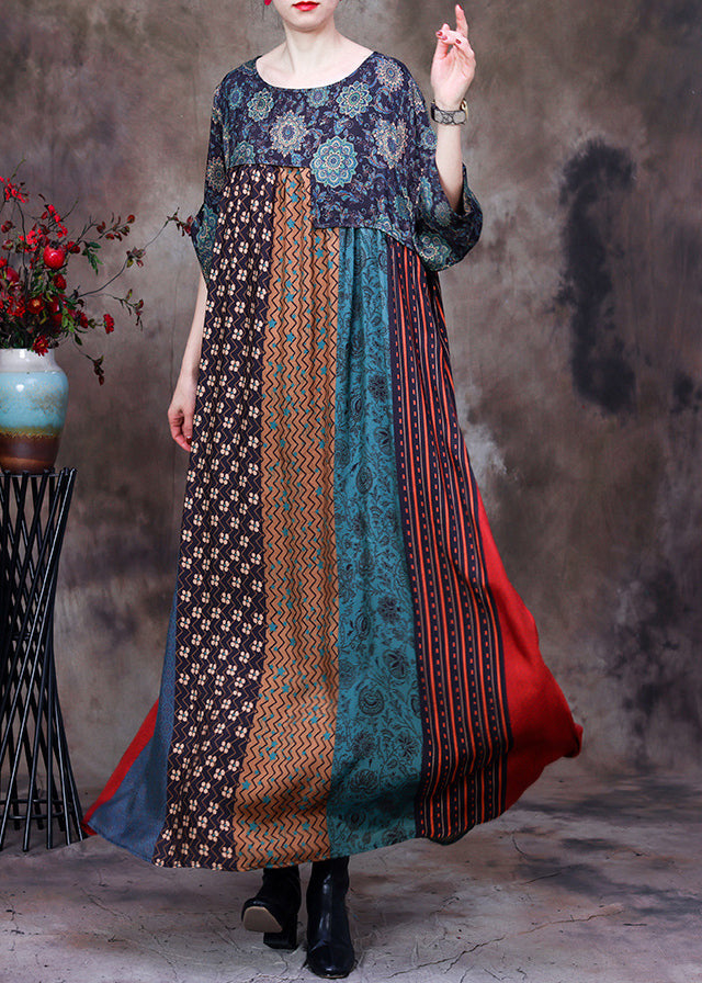 Casual Green O-Neck Print Patchwork Silk Long Dresses Long Sleeve