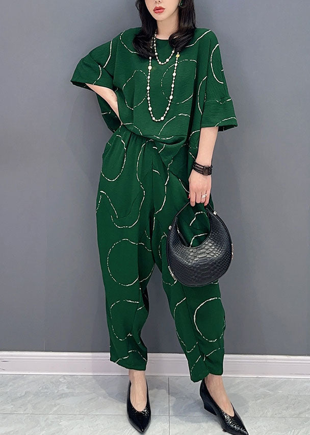 Casual Green O-Neck Print Tops And Pants Patchwork Cotton Two Pieces Set Summer