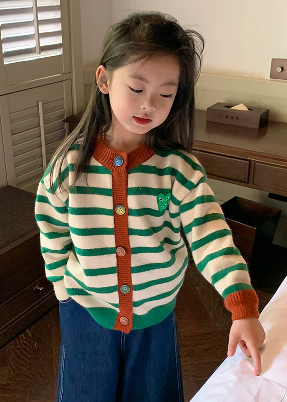 Casual Green O-Neck Striped Button Cotton Knit Kids Cardigan Winter