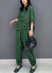 Casual Green O-Neck Striped Patchwork Tops And Pants Cotton Two Piece Set Summer