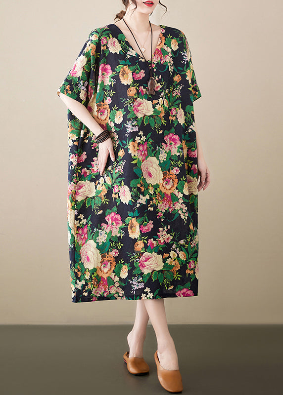 Casual Green Oversized Floral Linen Long Dress Summer