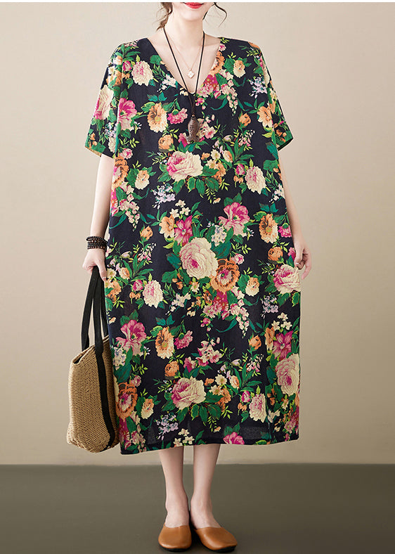 Casual Green Oversized Floral Linen Long Dress Summer