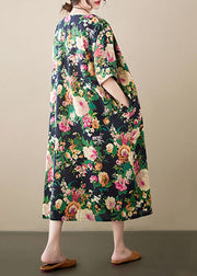 Casual Green Oversized Floral Linen Long Dress Summer