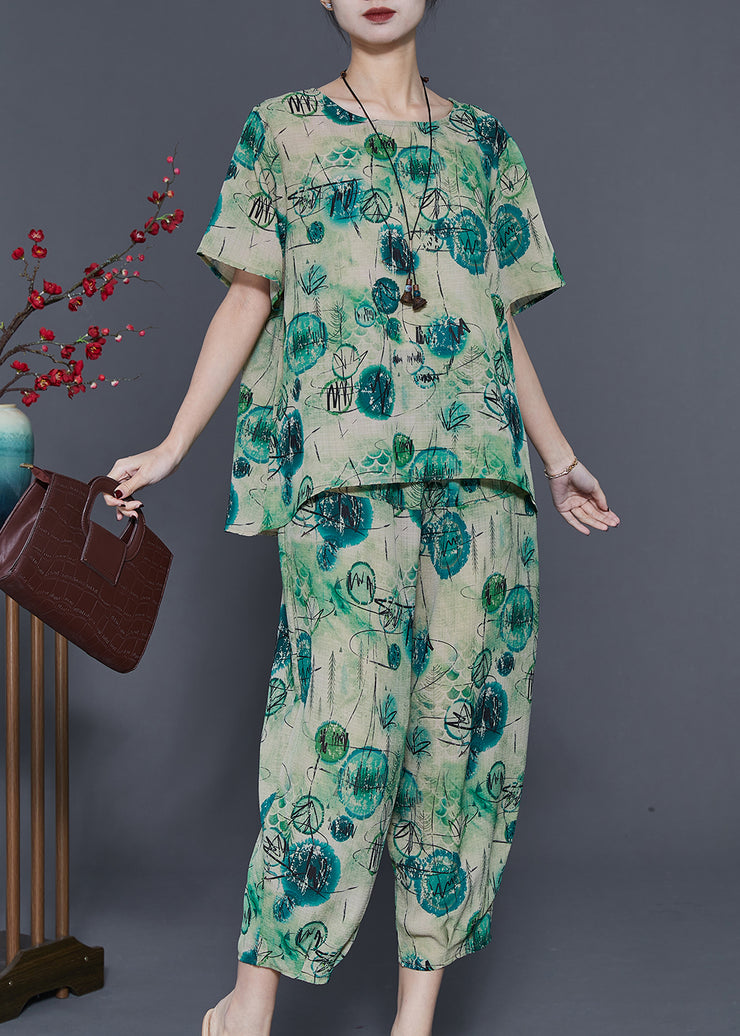 Casual Green Oversized Print Linen Two Piece Set Summer