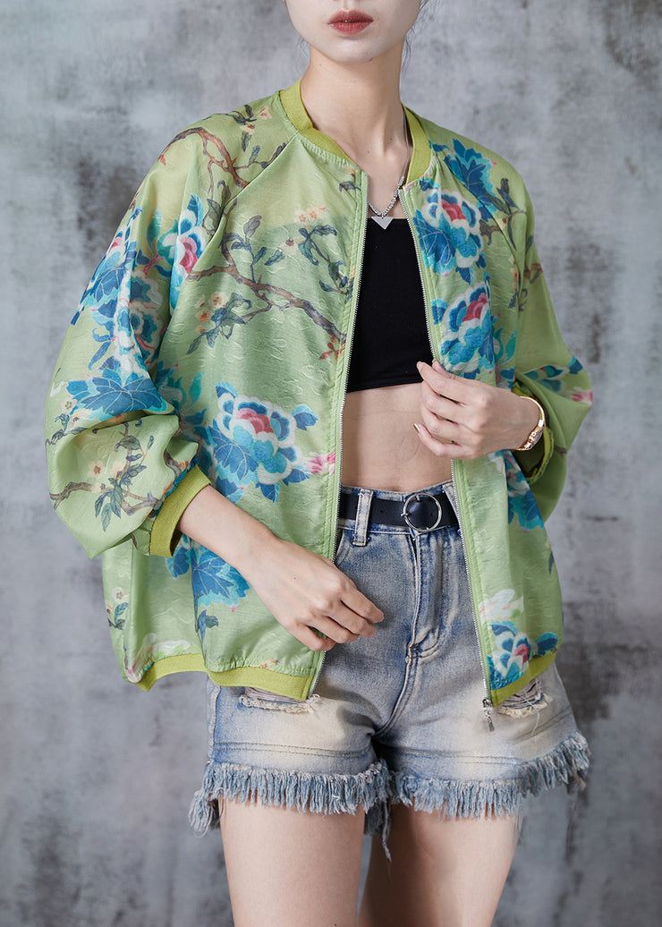 Casual Green Oversized Print Silk Jackets Fall