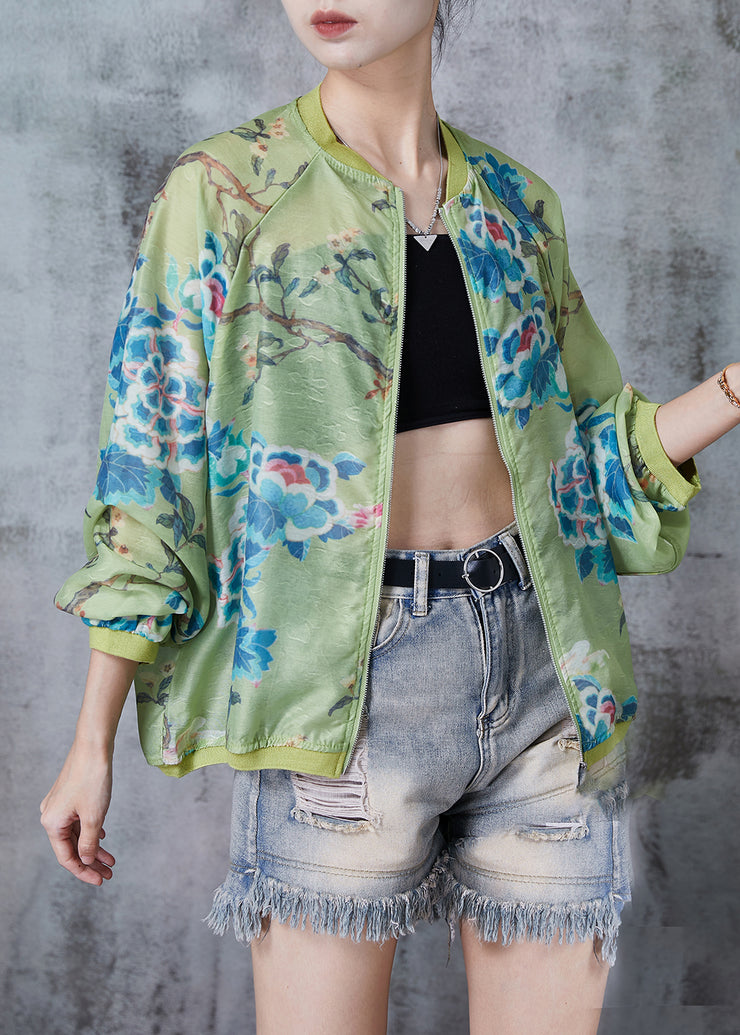 Casual Green Oversized Print Silk Jackets Fall