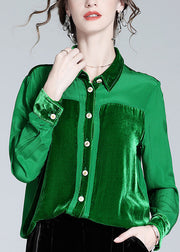 Casual Green Peter Pan Collar Patchwork Button Silk Shirt Long Sleeve