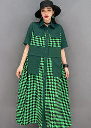 Casual Green Peter Pan Collar Patchwork Print Chiffon Party Dress Short Sleeve