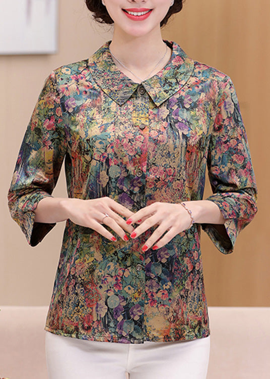 Casual Green Peter Pan Collar Print Silk Shirts Spring