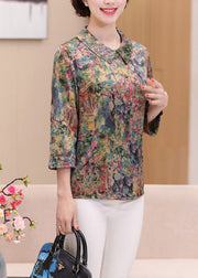 Casual Green Peter Pan Collar Print Silk Shirts Spring