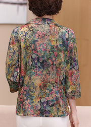 Casual Green Peter Pan Collar Print Silk Shirts Spring