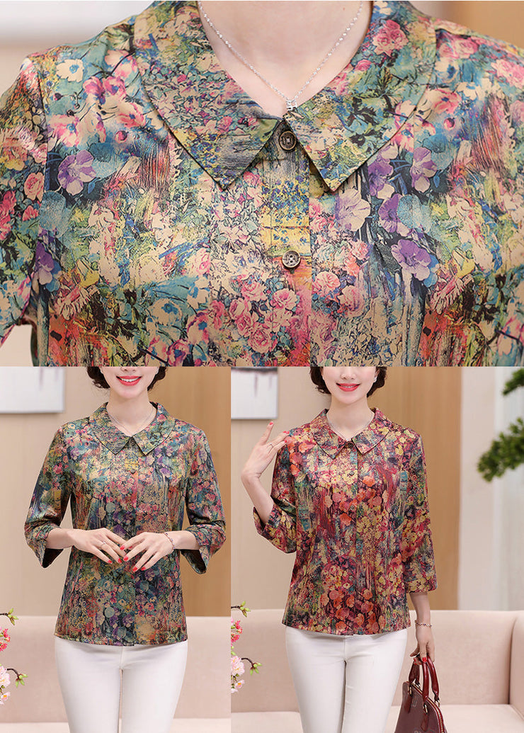 Casual Green Peter Pan Collar Print Silk Shirts Spring