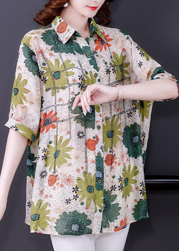 Casual Green Peter Pan Collar Print Silk Top Short Sleeve