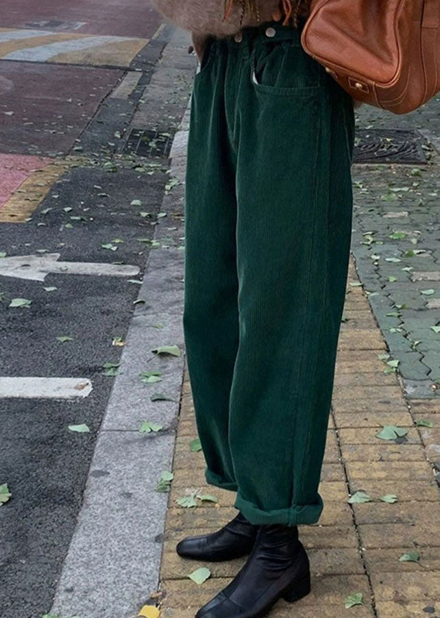 Casual Green Pockets Corduroy Straight Pants Fall