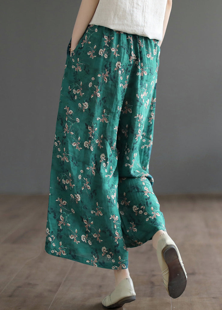 Casual Green Pockets Print Lace Up Elastic Waist Linen Wide Leg Pants Summer