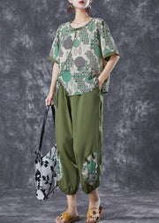 Casual Green Print Chinese Button Cotton Two Pieces Set Summer