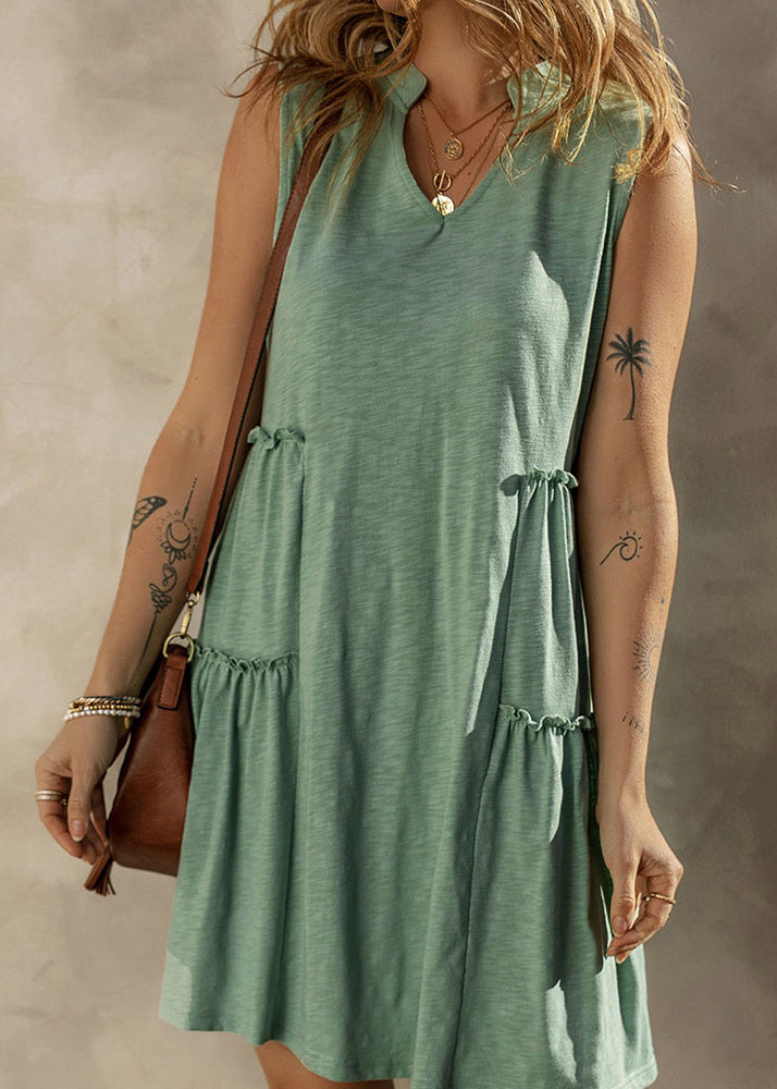 Casual Green Ruffled Patchwork Cotton Mid Dress Sleeveless