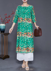 Casual Green Square Collar Floral Print Silk Dresses Summer