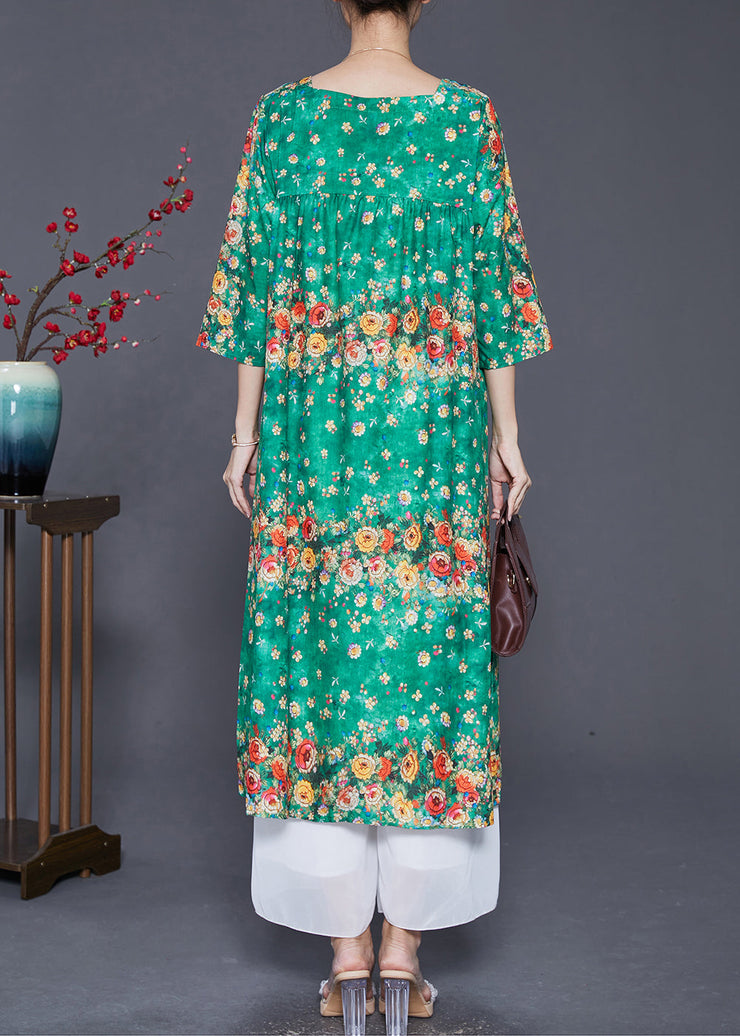 Casual Green Square Collar Floral Print Silk Dresses Summer